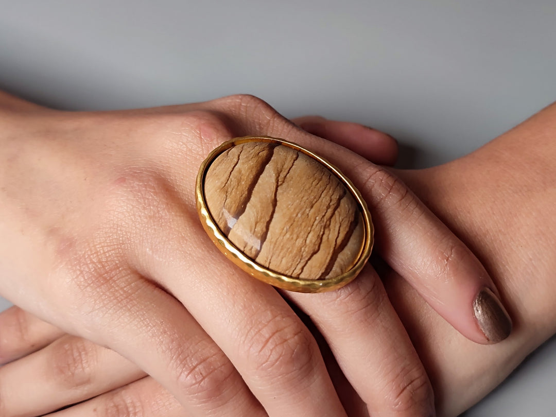 Picture Jasper gold plated large stone statement ring with an adjustable band for comfort. Handmade gold costume ring