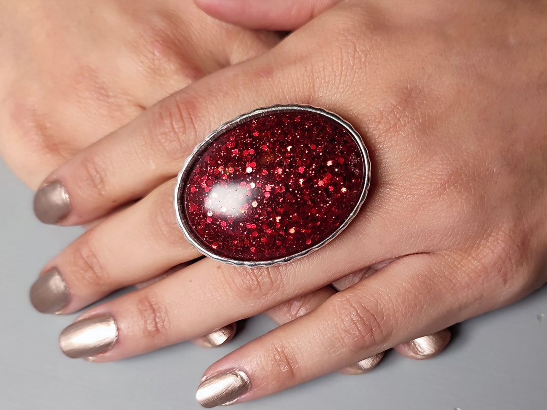 Glitter ring. Large red statement costume ring. Adjustable handmade red stone ring