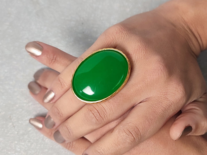 gold ring. adjustable gold ring. green jade large gold statement ring