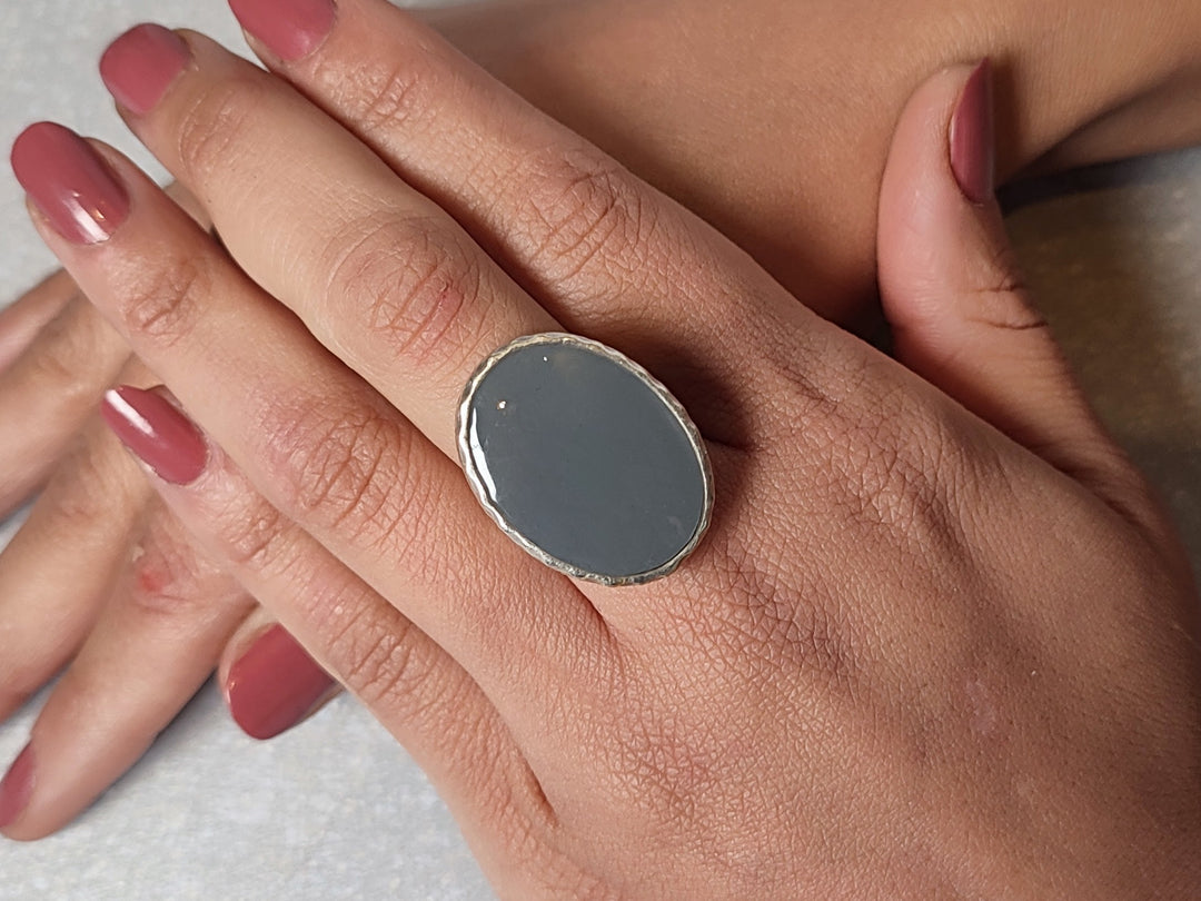 Grey costume dress ring with an adjustable band for comfort. Antique silver handmade ring uk