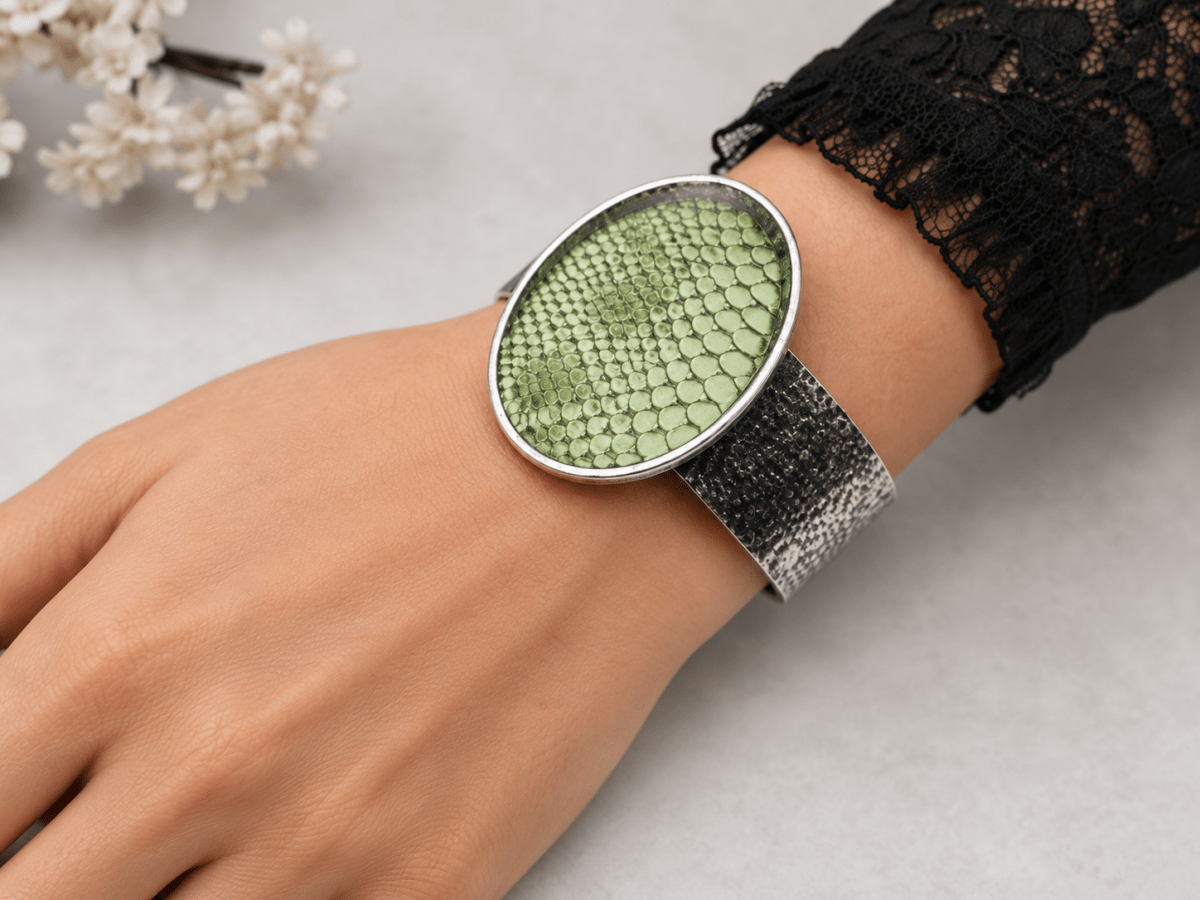 Green Snakeskin Statement Cuff Bracelet "Jessie" - Corky & Stoner Main image
