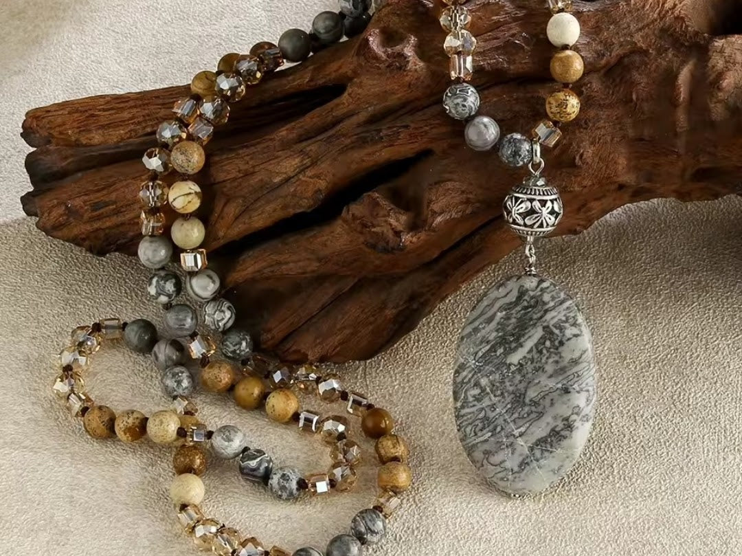 Grey Jasper Handmade Long Pendant Necklace "Remy"