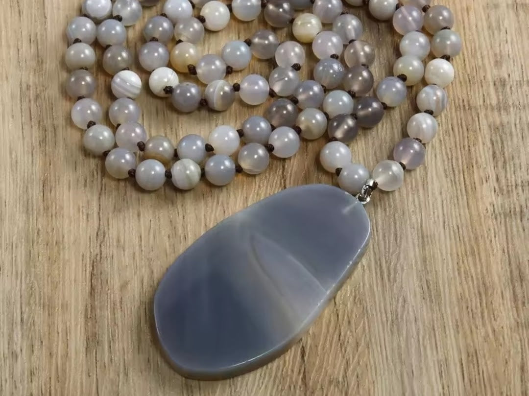 Long Opera Grey Agate Pendant Necklace "Rivka"