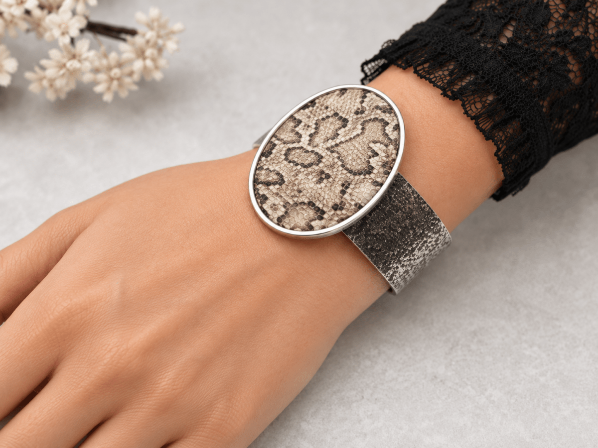 Handmade Snakeskin Cuff Bracelet "Josie" - Corky & Stoner Main image