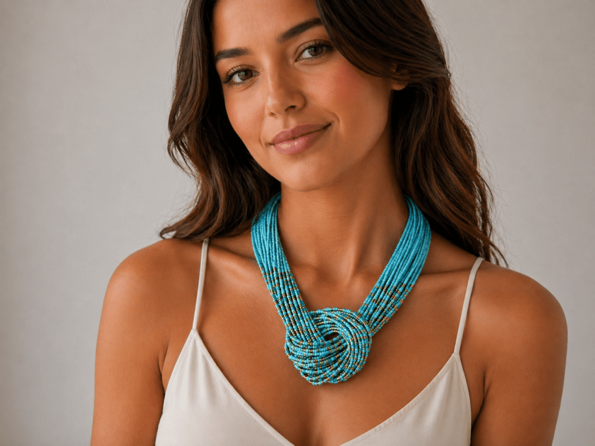 Turquoise knotted seed bead statement necklace being worn by a model in a white top Main image