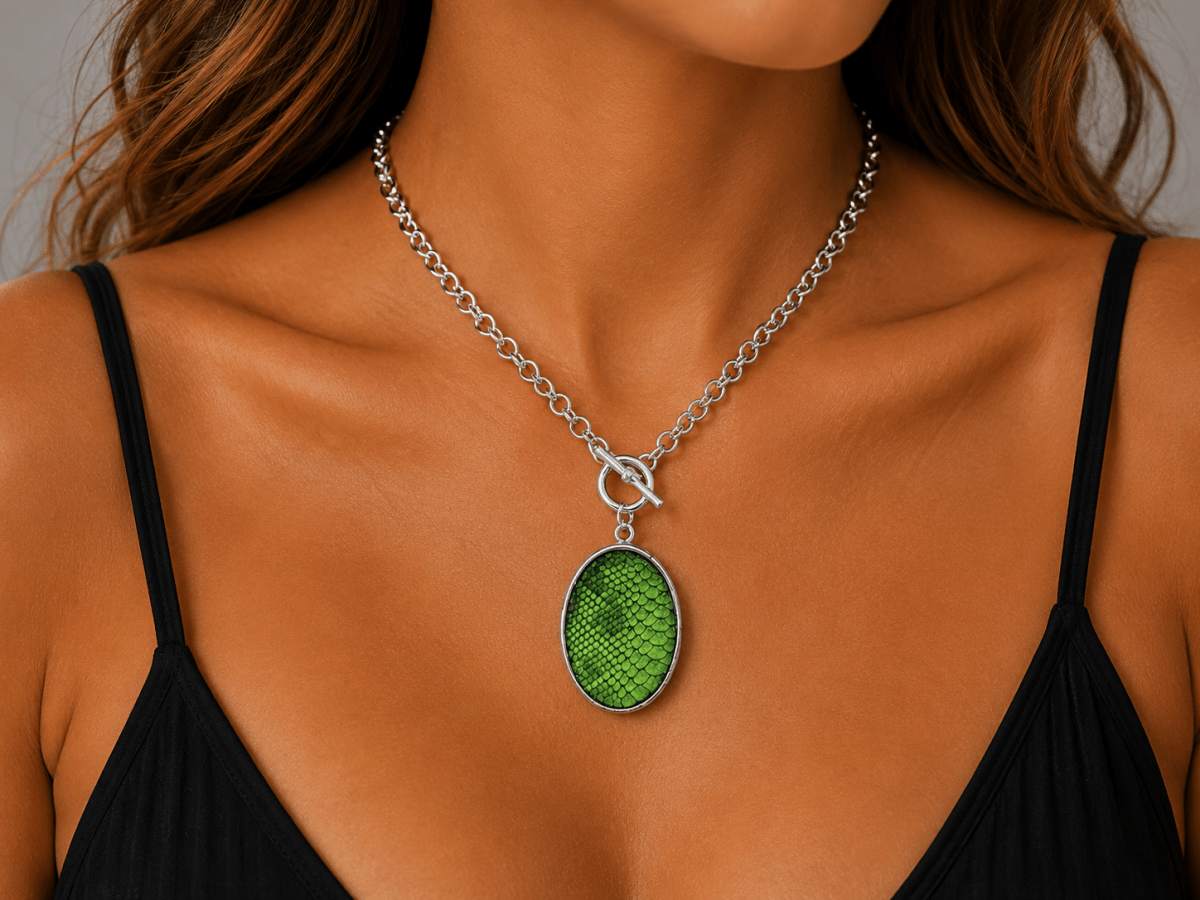 Green Snakeskin Print Pendant Necklace "Scale" - Corky & Stoner Main image