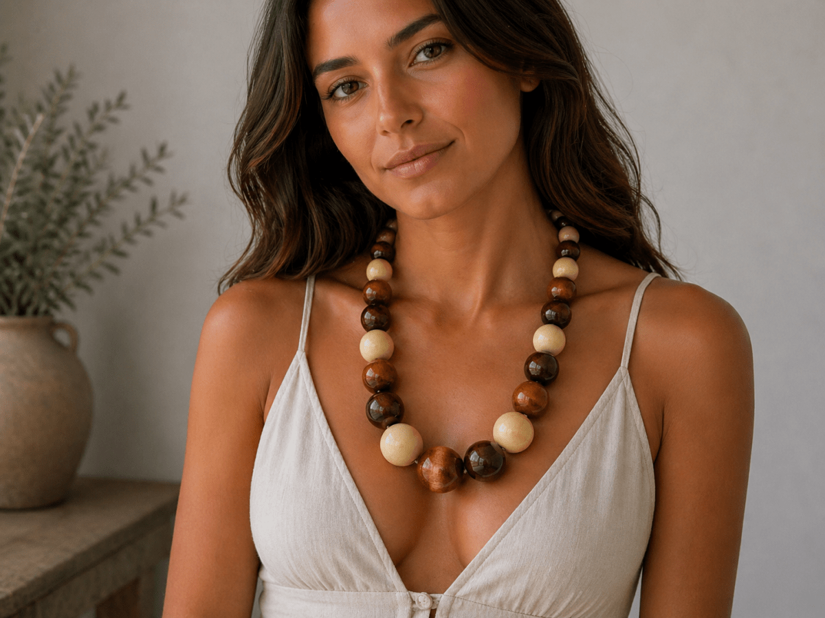 A model in a white dress wearing a chunky brown and cream wooden necklace Main image