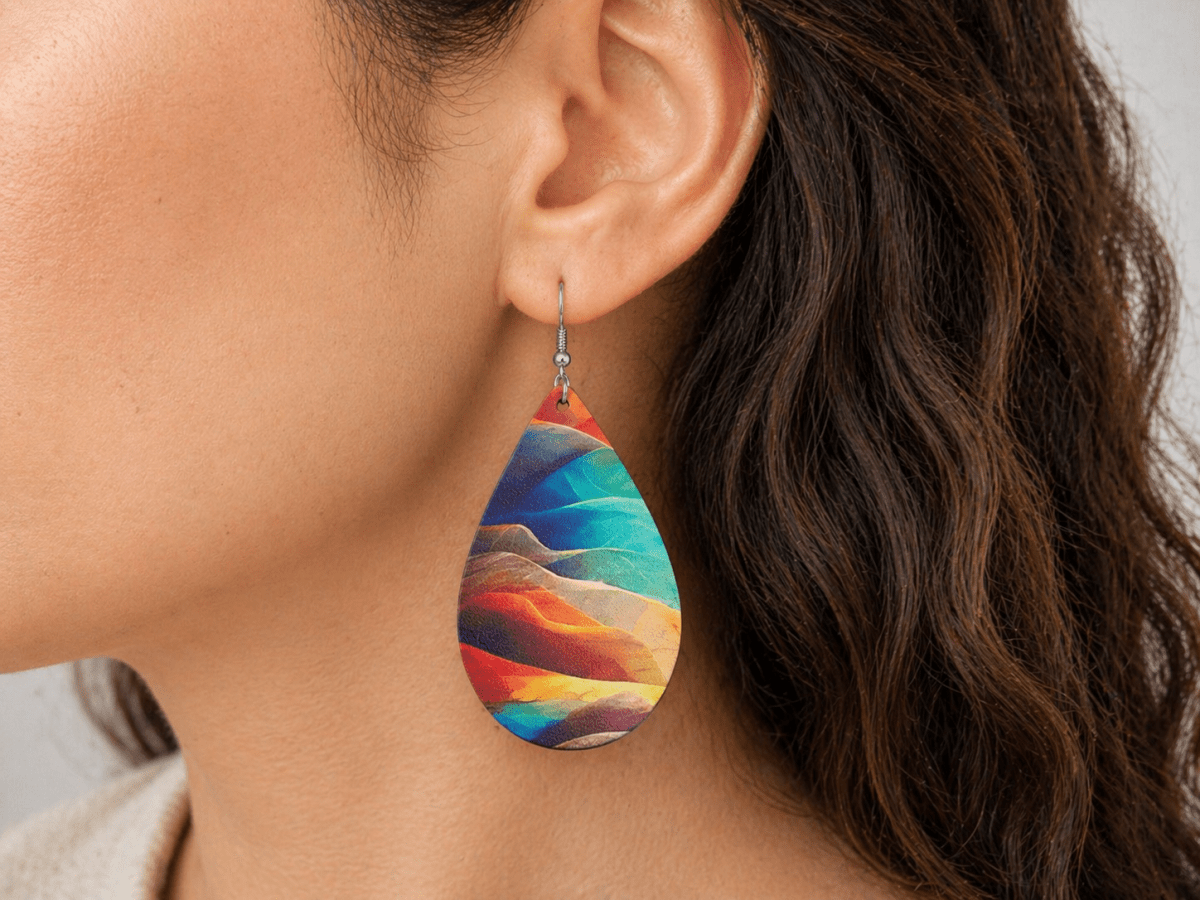 Maliyah colourful wooden teardrop earrings being worn  by a model- Corky & Stoner