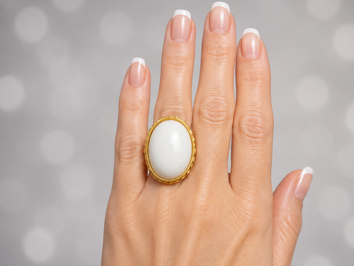 A close-up of a hand with a French manicure wearing a large oval white ring with a textured gold bezel, set against a soft gray bokeh background.