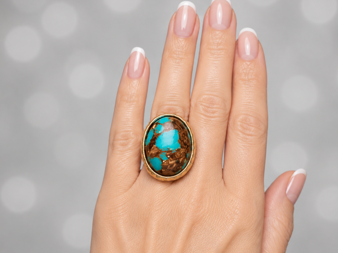 A gold ring with an oval turquoise and brown stone inlay, worn on a hand with a French manicure against a soft gray bokeh background.
