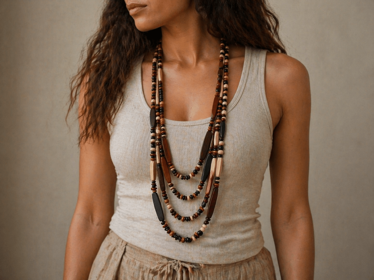 multi strand wood necklace being worn by a model with a white top