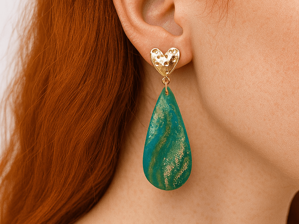 Handmade Teal, Green and Gold Earrings made from polymer clay with heart detail - Corky & Stoner
