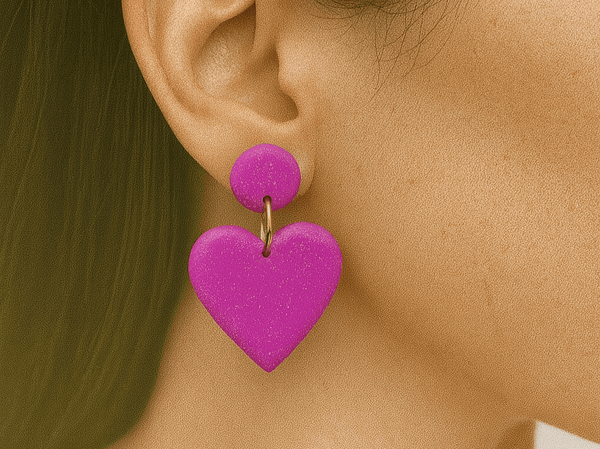 a model wearing some bright pink heart shaped earrings