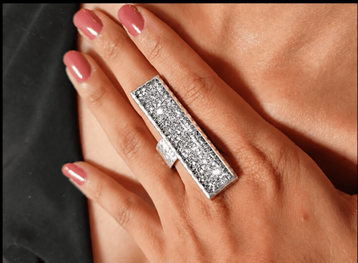 Large Handmade Silver Glitter Ring "Sarai" - Corky & Stoner