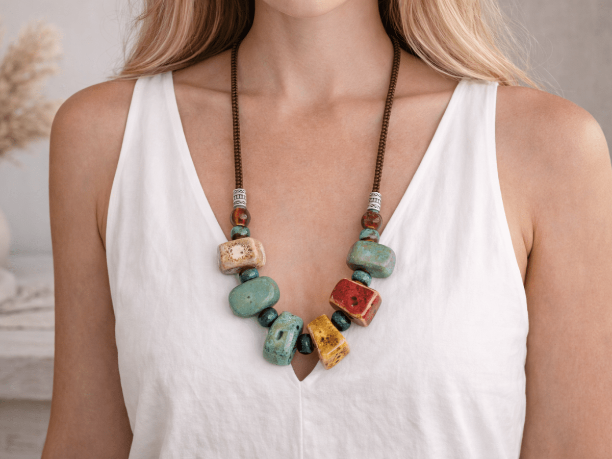 A model with a white top wearing a multi coloured ceramic necklace Main image