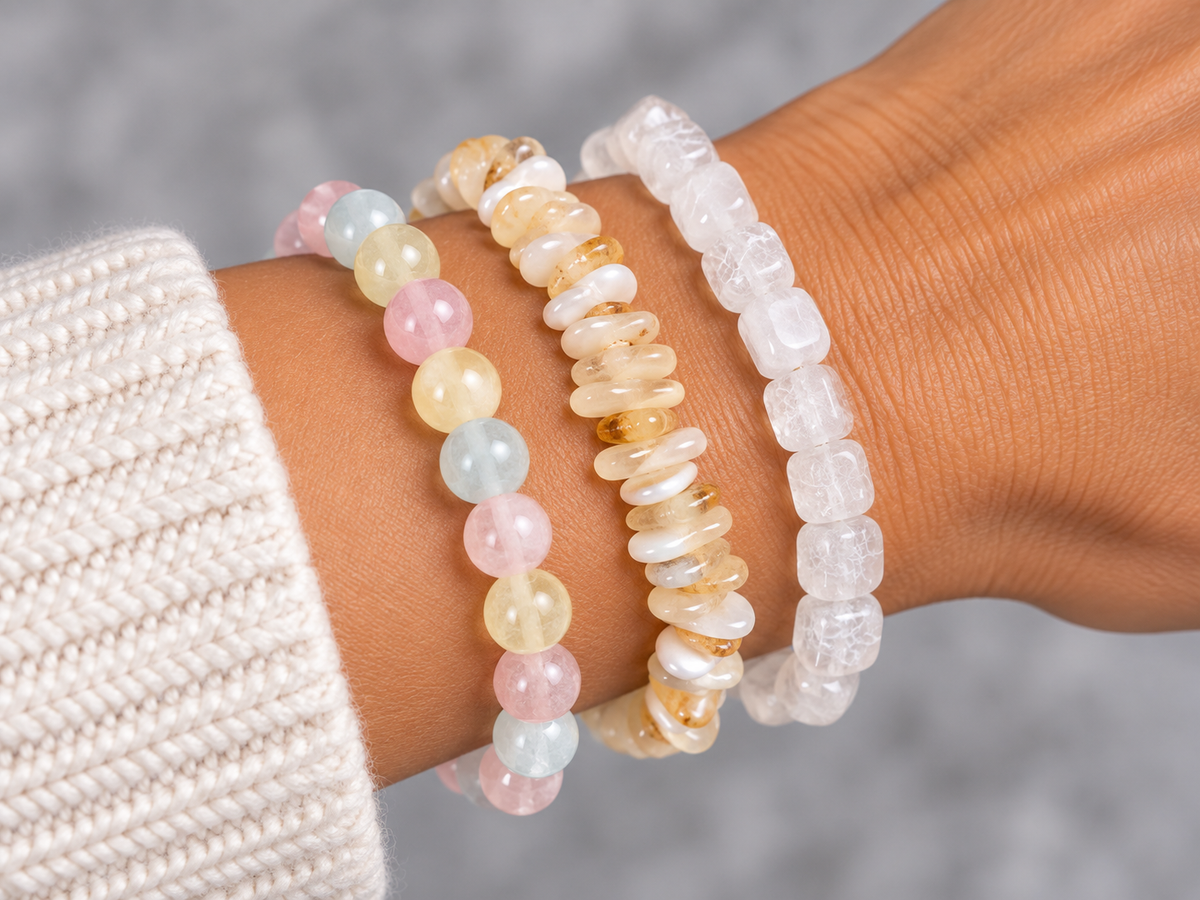 Three beaded stretch bracelets worn on a wrist, featuring pastel pink, yellow, and light blue round beads, textured cream and gold disc beads, and clear faceted stone beads. A cream knit sleeve is visible on the left against a soft gray background.