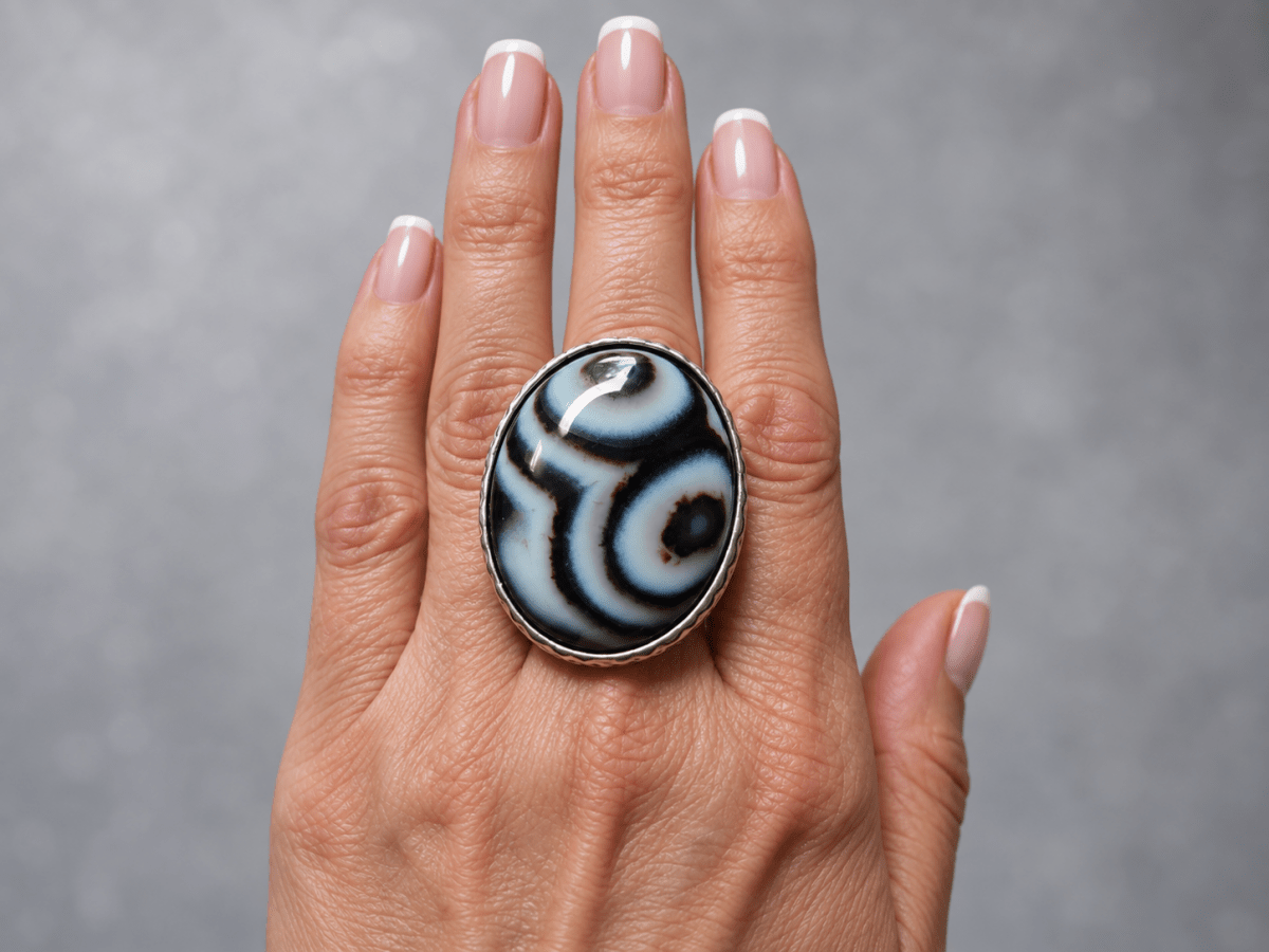 A close-up of a hand wearing a large oval ring with a black, white, and gray agate-like pattern and a silver-toned bezel, set against a soft gray background.