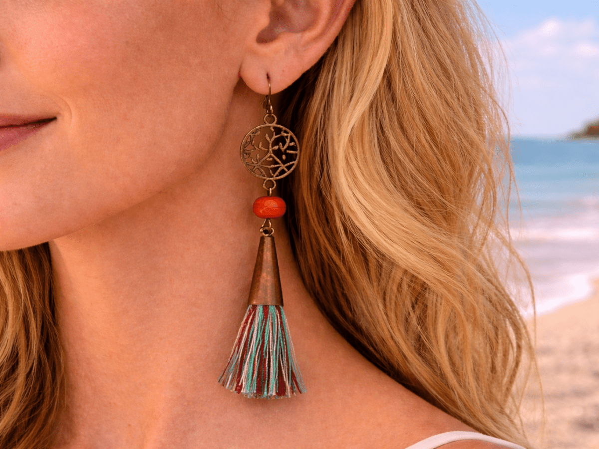 Braelyn tassle drop boho earrings being worn by a model  - Corky & Stoner