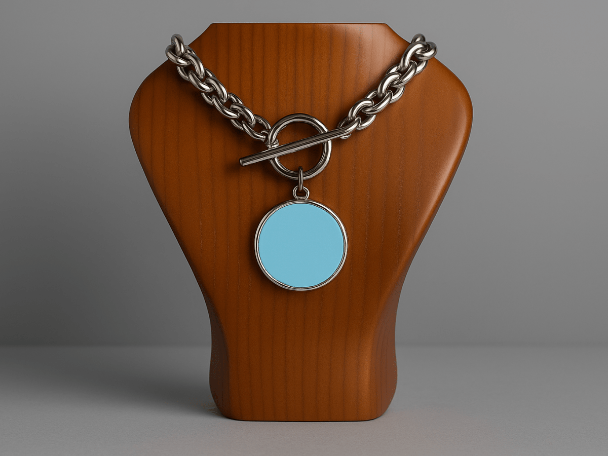 Dayana chunky chain pale blue necklace on a wooden bust - Corky & Stoner Main image