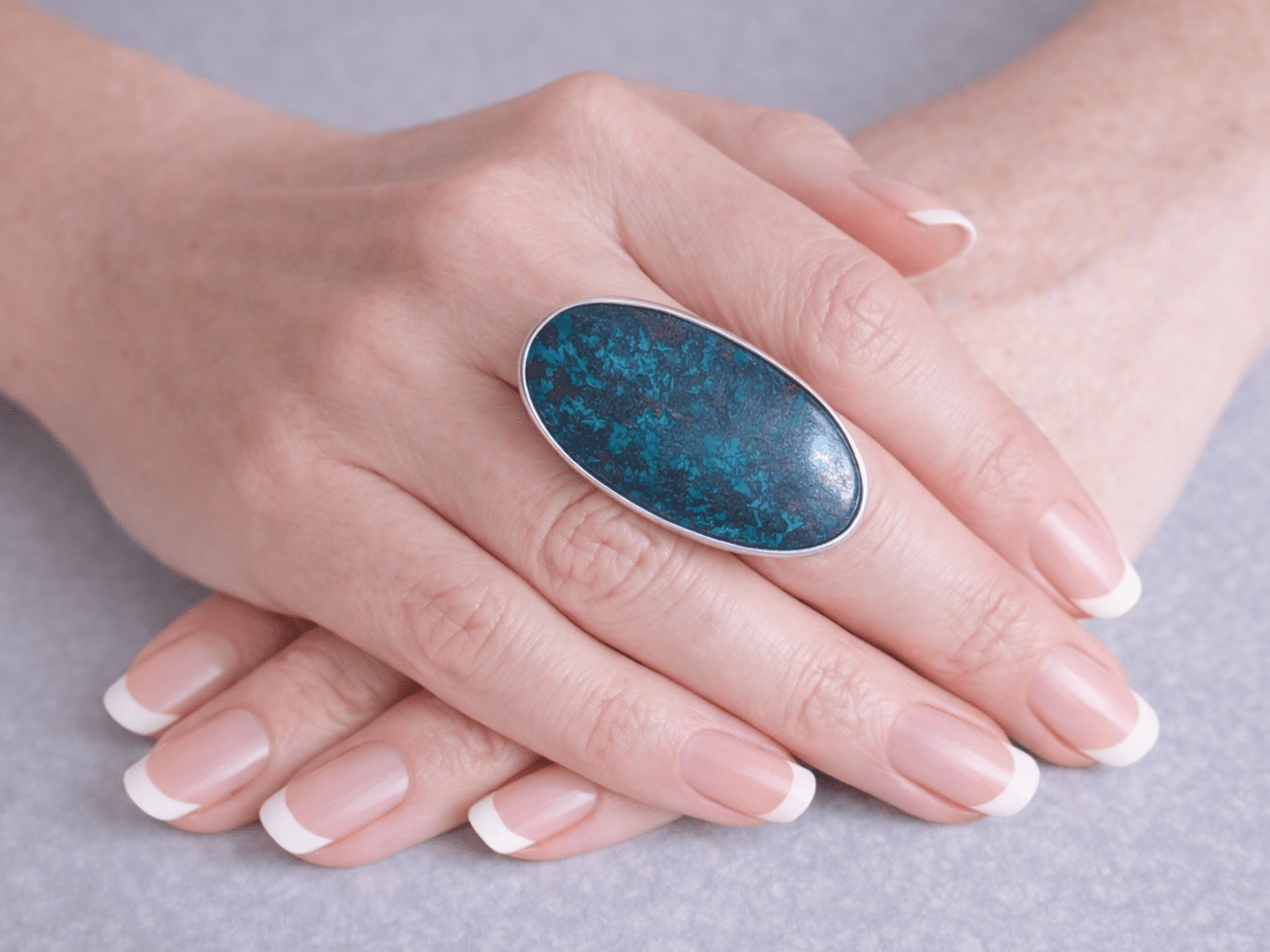 A bold Azurite ring with rich, deep blue tones mixed with vibrant turquoise flecks, creating a striking, textured look from Corky and Stoner