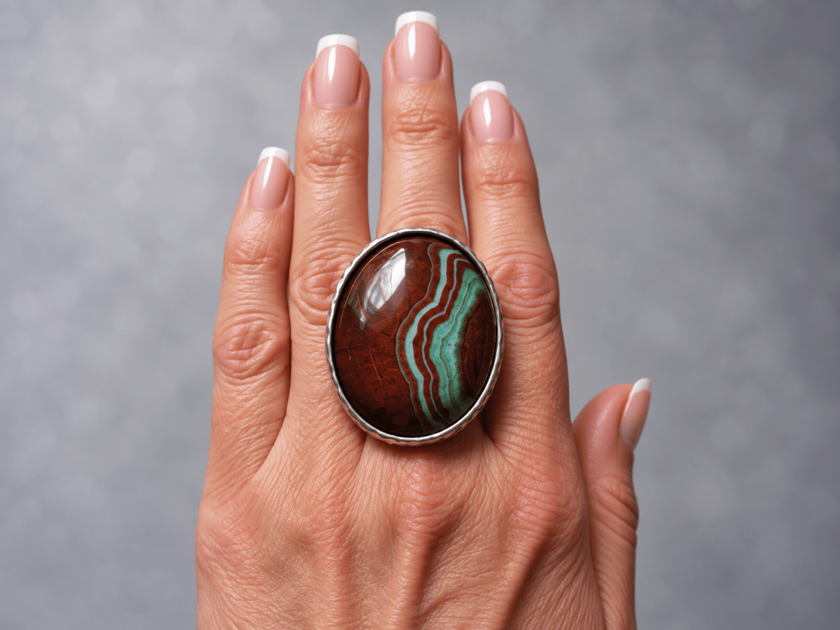 A close-up of a hand wearing a large oval ring with a polished brown and green agate-like stone set in a silver-toned metal, against a soft gray background.