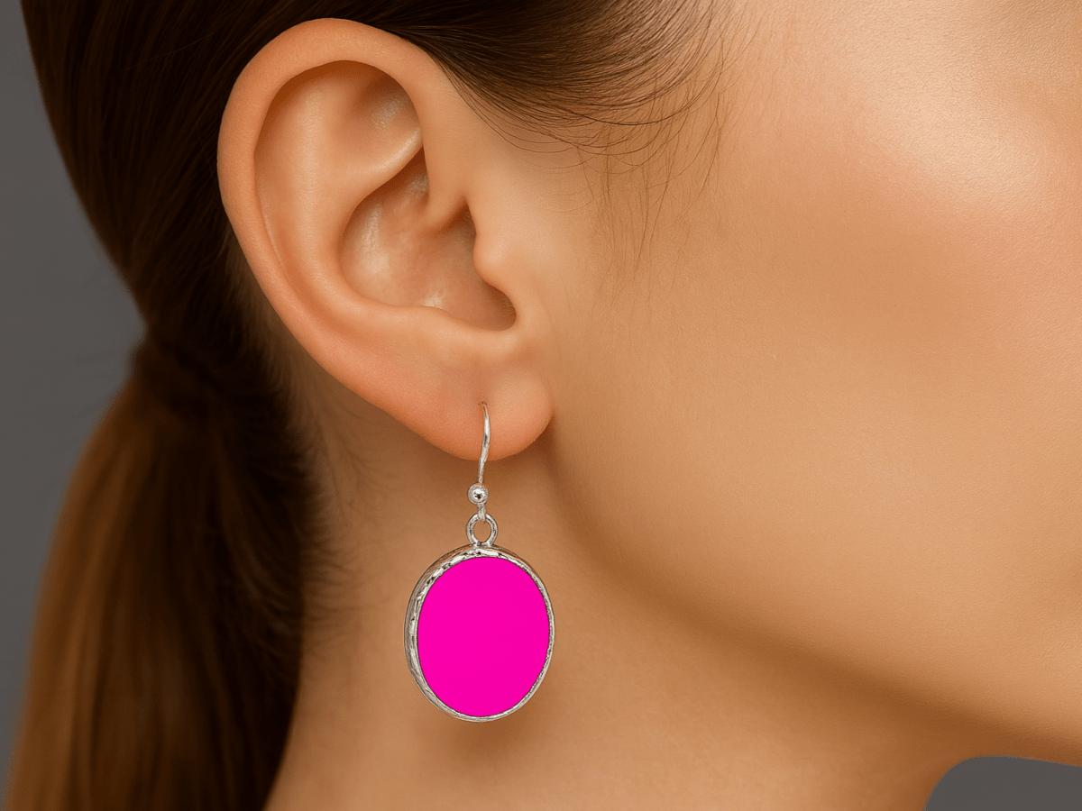 Neon pink 925 silver earrings, 20mm round in a drop design. Hypoallergenic and handcrafted in the UK.- Corky & Stoner