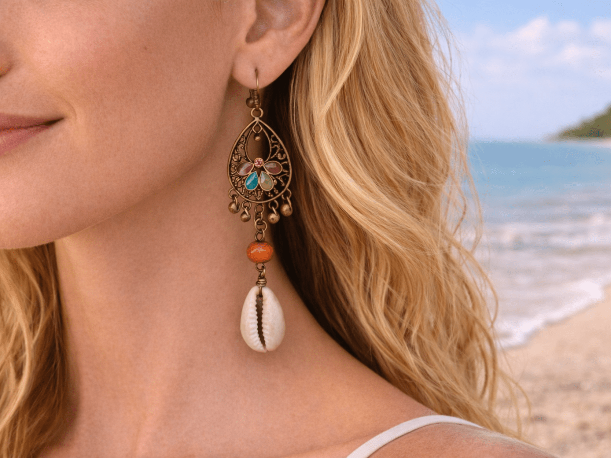 Demi shell and bronze earrings being worn by a model - Corky & Stoner