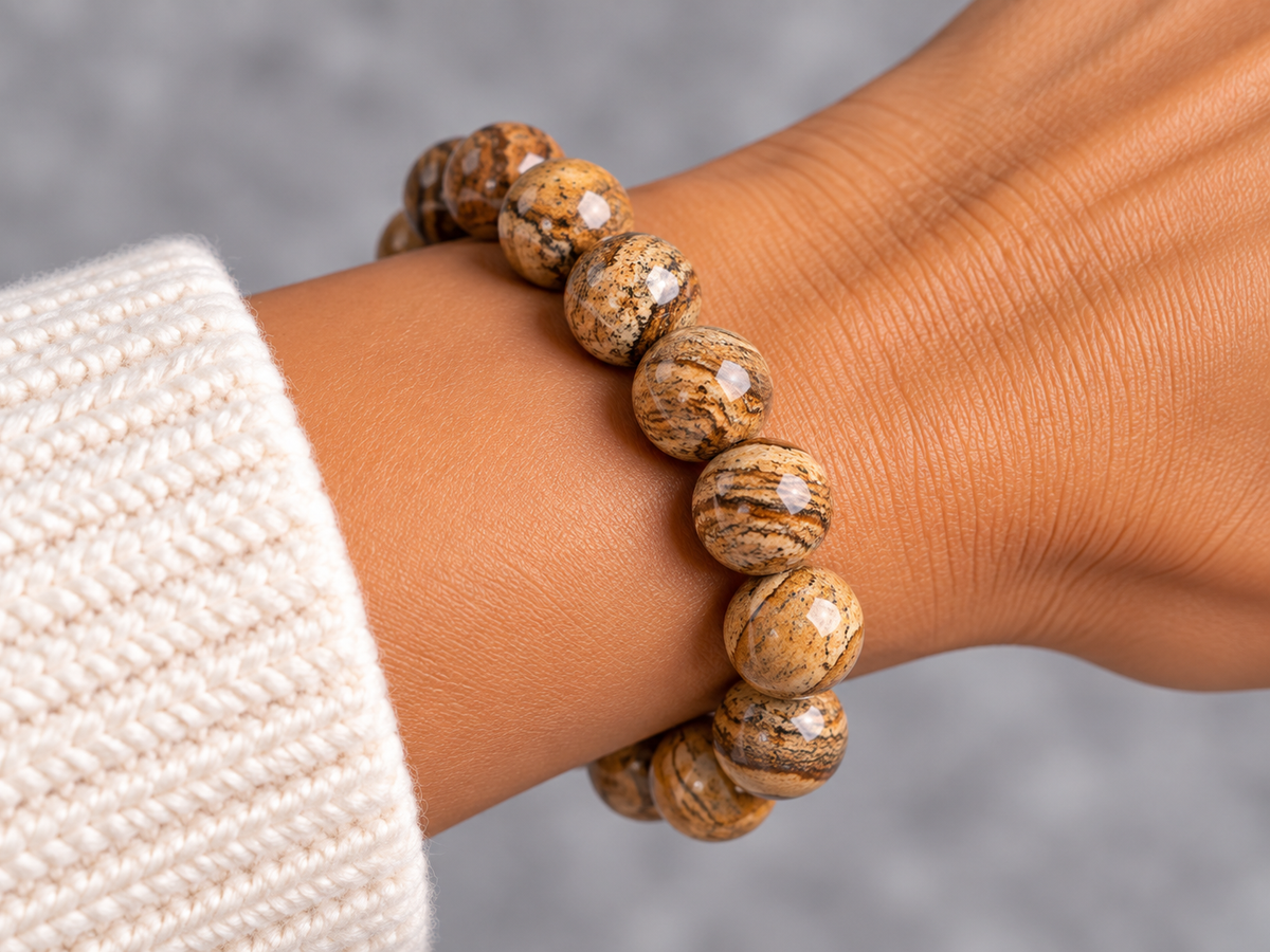A close-up of a beaded bracelet worn on a wrist. The bracelet consists of polished, oval-shaped beads with a natural wood-like appearance, featuring swirling patterns of light tan, brown, and cream.