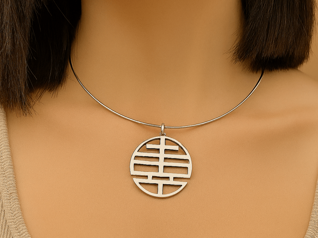 A silver torque choker being worn by a model with brown hair