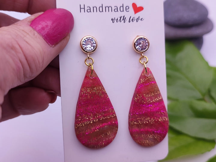 Pink and Gold Teardrop Dangle Earrings Polymer Clay Jewellery, Lightweight Statement Earrings, Handmade Gift for her