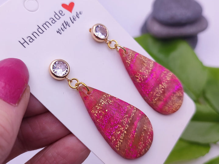 Pink and Gold Teardrop Dangle Earrings Polymer Clay Jewellery, Lightweight Statement Earrings, Handmade Gift for her