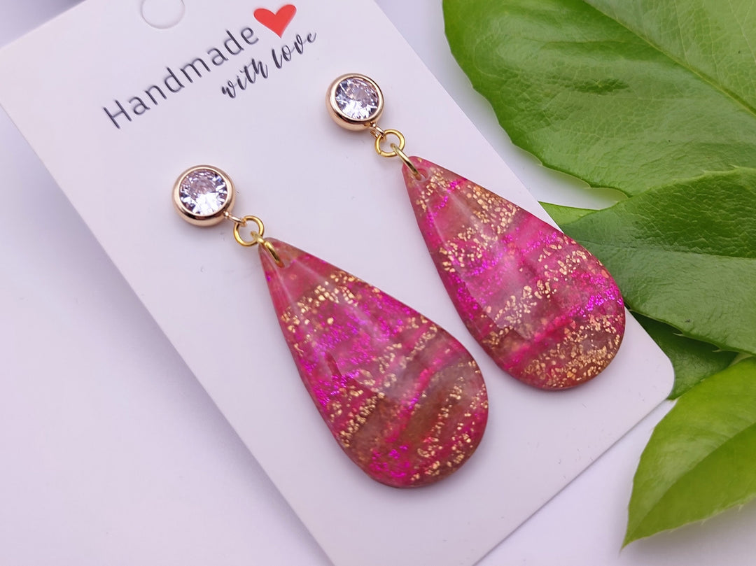 Pink and Gold Teardrop Dangle Earrings Polymer Clay Jewellery, Lightweight Statement Earrings, Handmade Gift for her