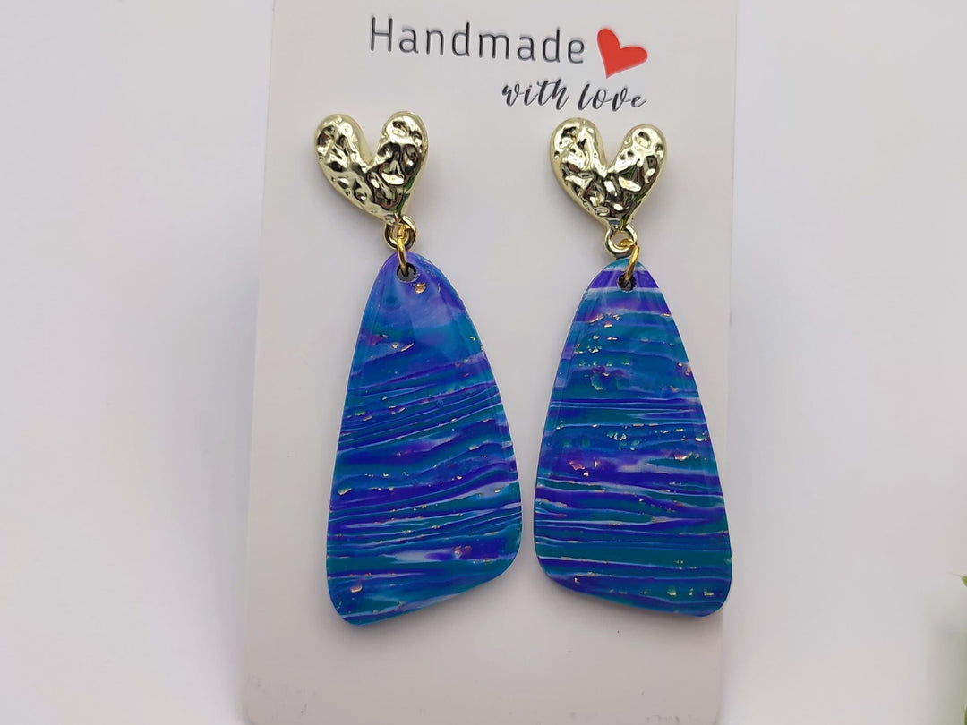 Handmade Blue Purple Earrings, Dangle Drop Polymer Clay Jewellery, Unique Statement Earrings, Lightweight Gift for her