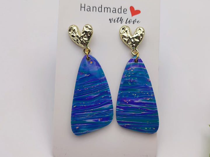 Handmade Blue Purple Earrings, Dangle Drop Polymer Clay Jewellery, Unique Statement Earrings, Lightweight Gift for her