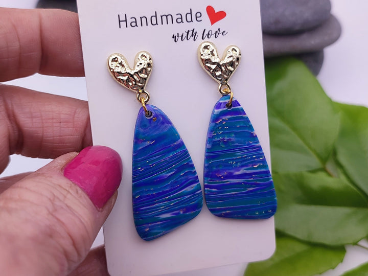 Handmade Blue Purple Earrings, Dangle Drop Polymer Clay Jewellery, Unique Statement Earrings, Lightweight Gift for her