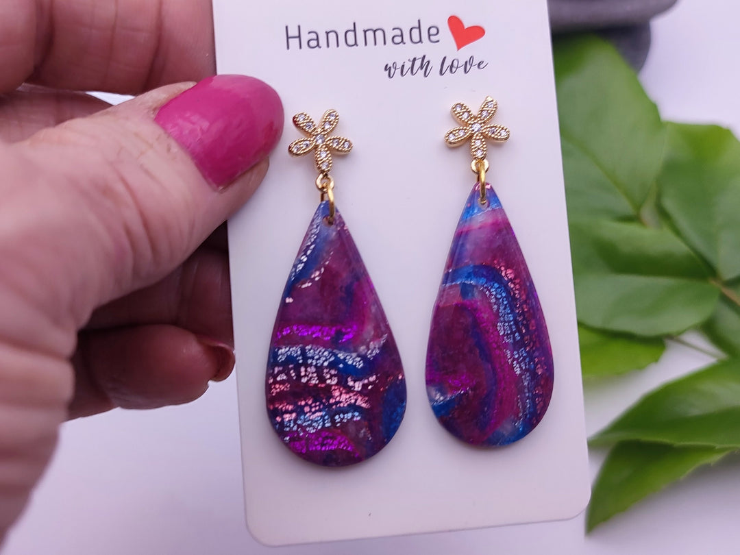 Handmade Teardrop Earrings, Magenta Blue Polymer Clay Dangle Drop, Lightweight Earrings, Clay Jewellery, Statement Earrings