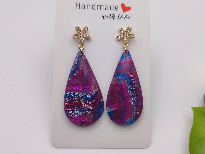 Handmade Teardrop Earrings, Magenta Blue Polymer Clay Dangle Drop, Lightweight Earrings, Clay Jewellery, Statement Earrings