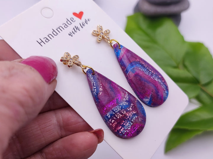 Handmade Teardrop Earrings, Magenta Blue Polymer Clay Dangle Drop, Lightweight Earrings, Clay Jewellery, Statement Earrings