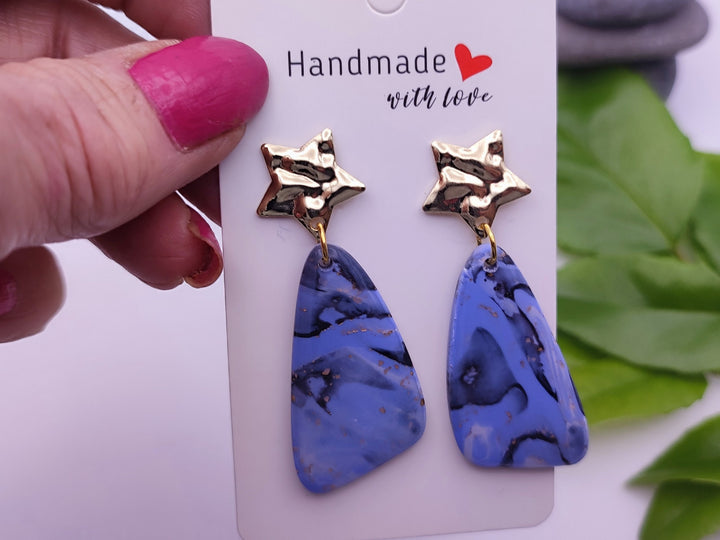 Handmade Polymer Clay Blue Earrings, Lightweight Statement Earrings, Unique Design, Dangle Drop Earrings Unusual Gifts Handmade Gift