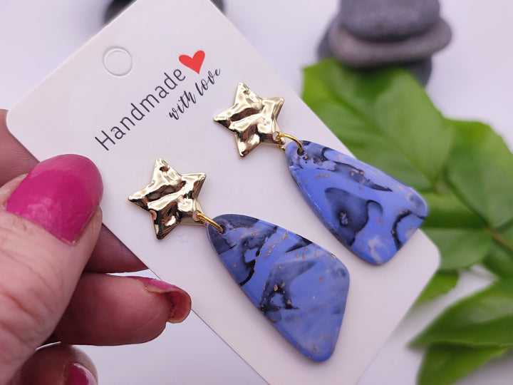 Handmade Polymer Clay Blue Earrings, Lightweight Statement Earrings, Unique Design, Dangle Drop Earrings Unusual Gifts Handmade Gift