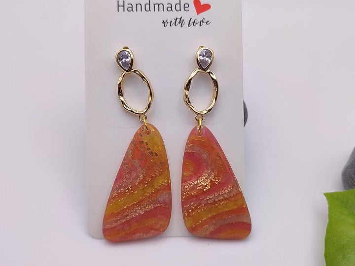 UK Handmade Orange Gold Dangle Earrings, Lightweight Clay Earrings, Long Drop Earrings, Statement Earrings, Unusual Unique Gifts