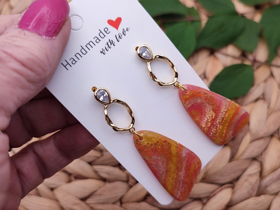 UK Handmade Orange Gold Dangle Earrings, Lightweight Clay Earrings, Long Drop Earrings, Statement Earrings, Unusual Unique Gifts