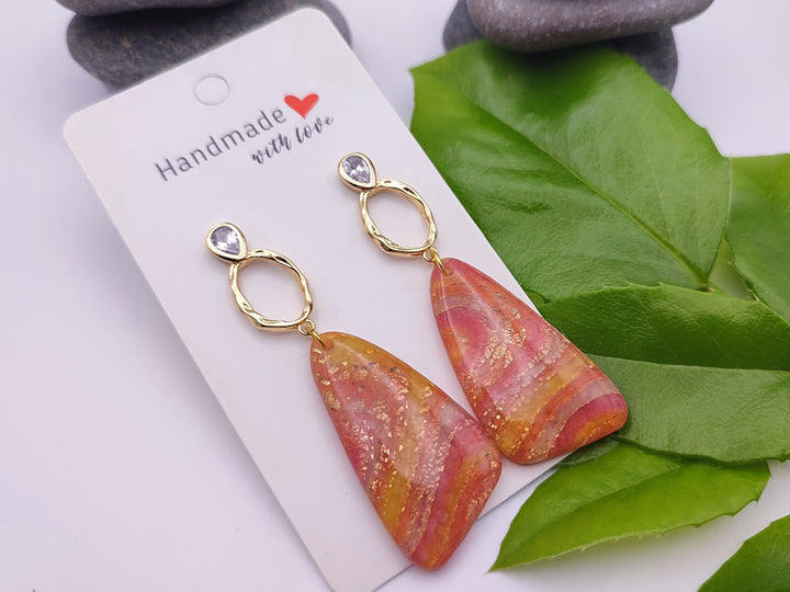 UK Handmade Orange Gold Dangle Earrings, Lightweight Clay Earrings, Long Drop Earrings, Statement Earrings, Unusual Unique Gifts