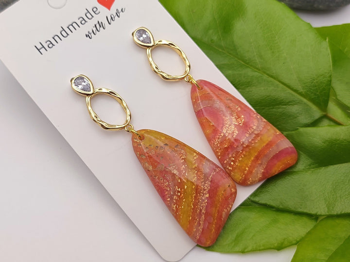 UK Handmade Orange Gold Dangle Earrings, Lightweight Clay Earrings, Long Drop Earrings, Statement Earrings, Unusual Unique Gifts