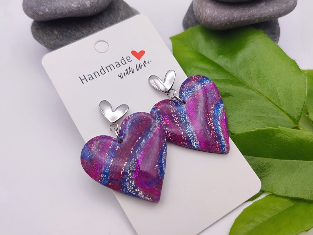 Heart Earrings, Handmade Magenta Blue Polymer Clay Dangle, Lightweight Earrings, Clay Jewellery, Statement Earrings, Silver Earrings UK