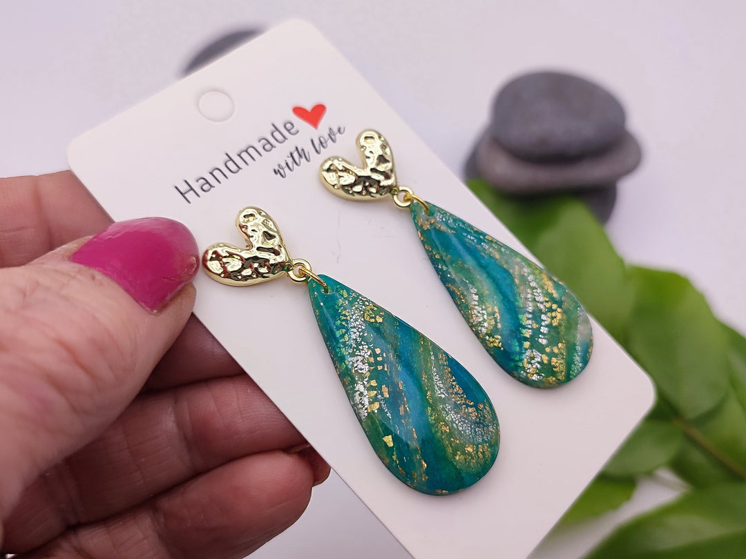 Teal Green and Gold Dangle Earrings, Handmade Polymer Clay Teardrop, Lightweight Earrings, Unique Gift, Handmade Gift, Costume Jewelry