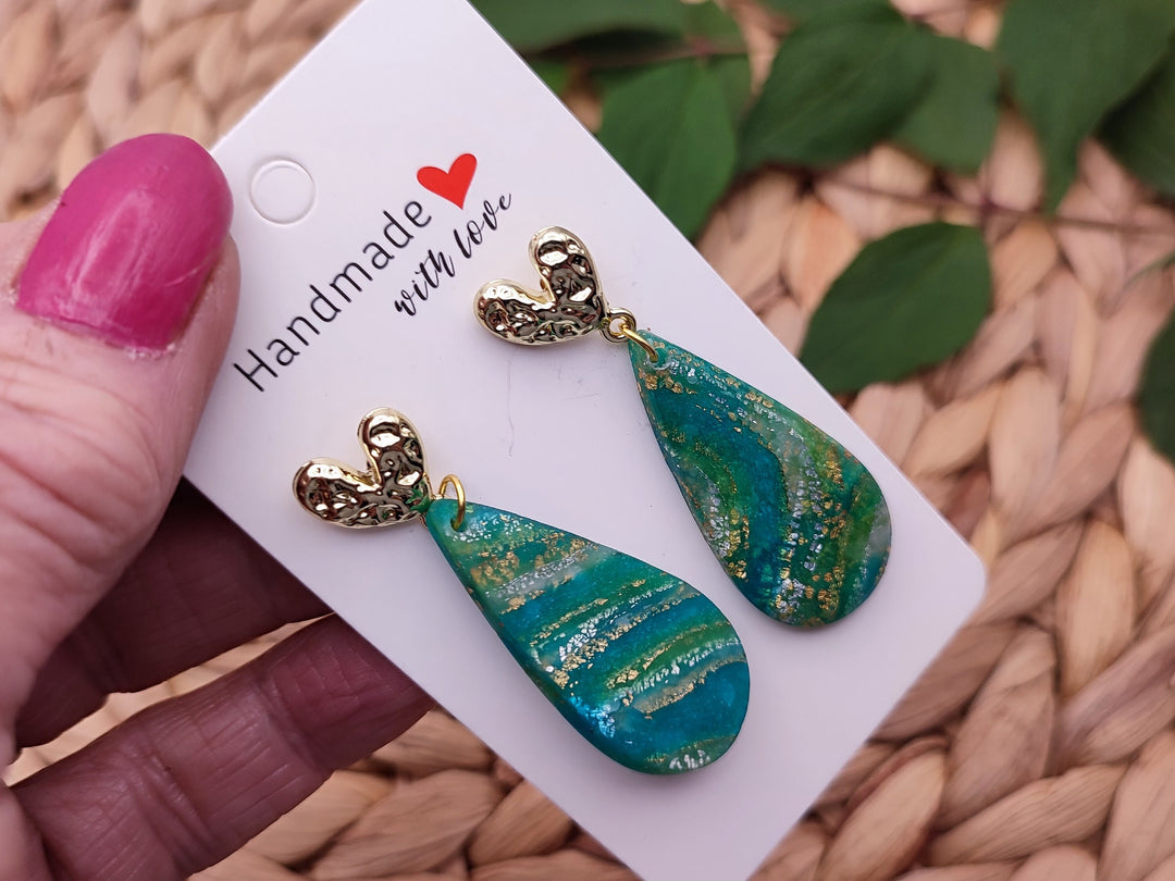 Teal Green and Gold Dangle Earrings, Handmade Polymer Clay Teardrop, Lightweight Earrings, Unique Gift, Handmade Gift, Costume Jewelry