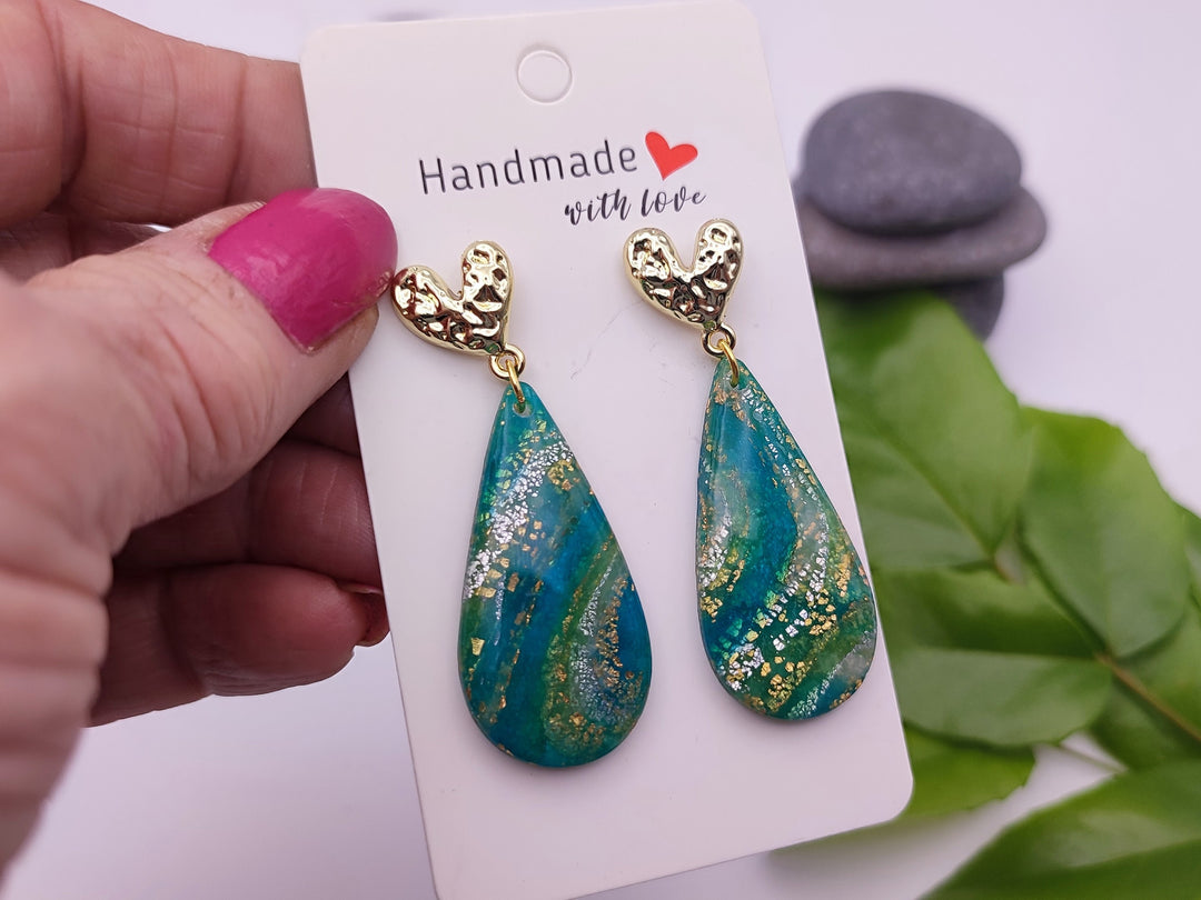 Teal Green and Gold Dangle Earrings, Handmade Polymer Clay Teardrop, Lightweight Earrings, Unique Gift, Handmade Gift, Costume Jewelry