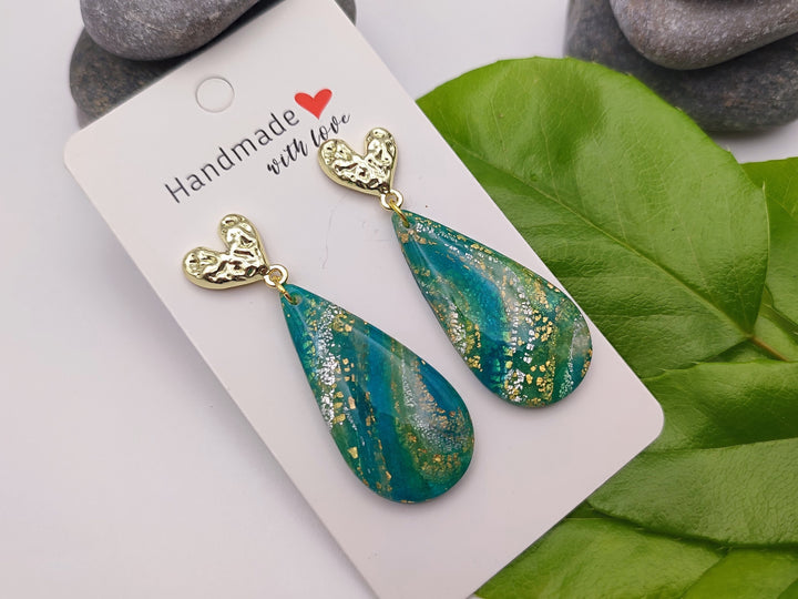 Teal Green and Gold Dangle Earrings, Handmade Polymer Clay Teardrop, Lightweight Earrings, Unique Gift, Handmade Gift, Costume Jewelry