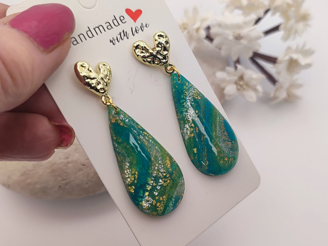 Teal Green and Gold Dangle Earrings, Handmade Polymer Clay Teardrop, Lightweight Earrings, Unique Gift, Handmade Gift, Costume Jewelry